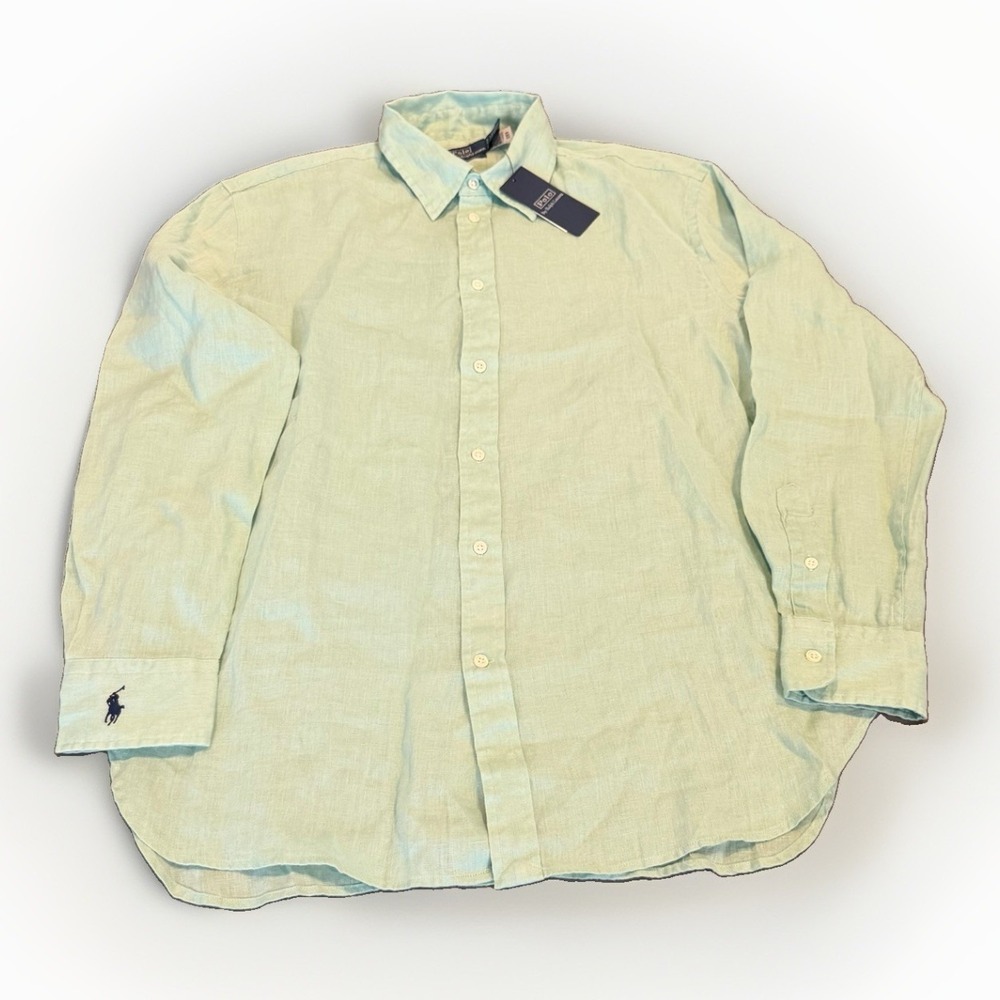 Polo Ralph Lauren 100% Linen Shirt Mens Small Oversized Fit Mint Green Button Up